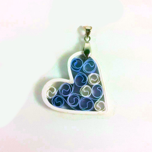 Filigree Heart Pendant Blue White Quilling